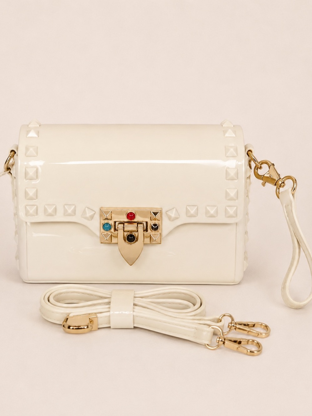 Ivory Studded Crossbody Bag with Gold Accent Lock